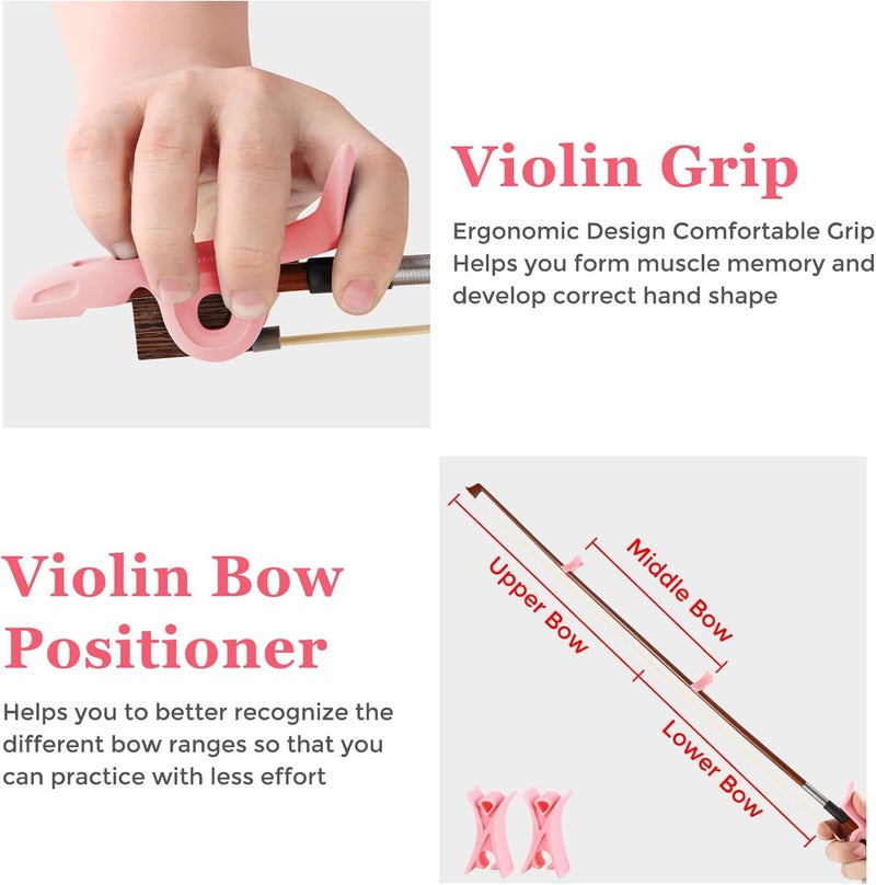 RANMING Violin Bow Holder for Practice–2Pcs Silicone Hand Position Corrector Non-Slip Teaching Tool for Beginners Students Improve Bow Grip & Posture Violin Teaching Aid With 4 Bow Stopper Pink - Image 3